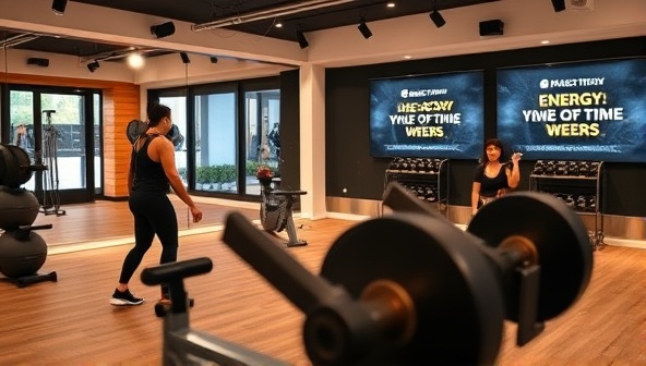 A virtual fitness studio environment featuring a fitness coach leading a dynamic workout session with clients joining remotely, workout equipment in the foreground, and motivational quotes displayed on digital screens, symbolizing energy, progress, and commitment to fitness goals.