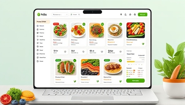 An artistic depiction of a digital meal planning platform interface displaying colorful and nutritious meal options, dietary recommendations, and interactive features for users to customize their meal plans and track their nutritional intake, conveying a sense of health-consciousness and personalized nutrition support provided by the subscription service.