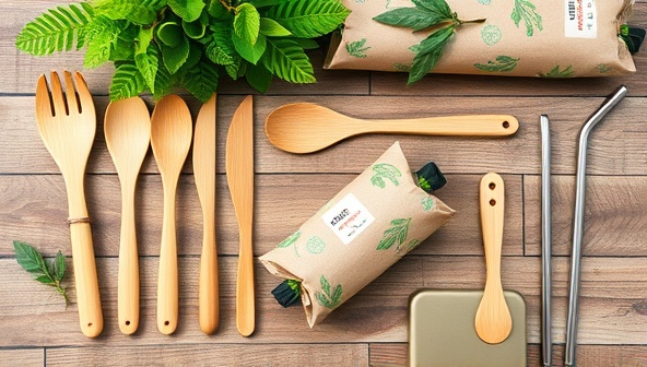 A visually appealing flat lay of eco-friendly kitchen accessories made from sustainable materials, such as bamboo utensils, reusable food wraps, and stainless steel straws, arranged on a rustic table with green plants in the background, promoting a sustainable kitchen lifestyle.