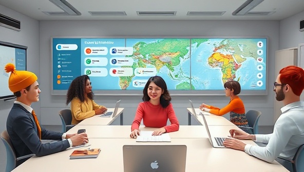 A digital language classroom with avatars representing users from different cultures practicing language skills, engaging in conversation exercises, and exploring virtual travel destinations, illustrating the interactive and immersive learning environment of LingoVoyage Immersify.