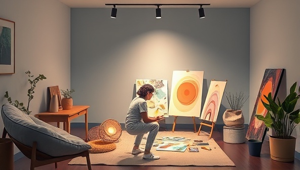An emotive visual representation of a virtual art therapy session, featuring a comforting virtual art studio setting with soothing colors, art supplies, and a therapist guiding a participant in expressive art creation, conveying the healing and transformative power of ArtHeal Studio's online sessions.