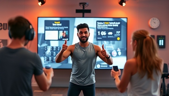 An energetic and motivating virtual fitness coaching session within the platform interface, featuring a fitness coach leading a workout session with interactive exercises and real-time feedback, surrounded by digital fitness trackers and wellness tools, creating a dynamic and supportive virtual fitness environment.
