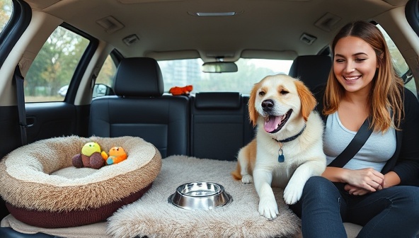 A cozy and pet-friendly car interior with plush pet beds, toys, and water bowls, accompanied by a happy dog and its owner enjoying a stress-free ride with PawsRide Companion, emphasizing comfort and safety for pets on the go.