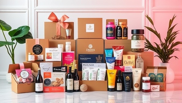 An enticing image of a variety of niche subscription boxes neatly displayed in a modern and aesthetically pleasing setting, highlighting the diversity and exclusivity of the products available on the platform.