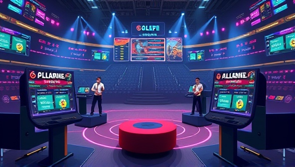 An illustration of a virtual arena with players competing in skill-based challenges, showcasing the intensity and strategic gameplay of the online betting games, with digital scoreboards and prizes displayed in the background.