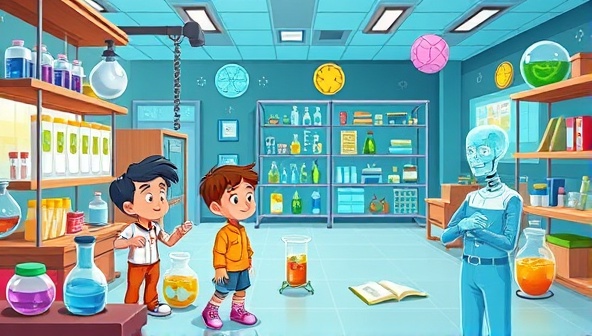 An animated scene featuring cartoon characters exploring a virtual laboratory filled with interactive STEM experiments and puzzles, showcasing the app's engaging and educational gameplay.