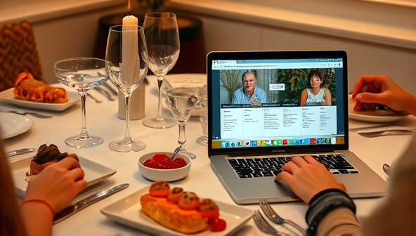 An elegantly set dining table with a selection of gourmet food samples, wine glasses, and tasting notes, accompanied by a laptop displaying a virtual food tasting event with participants engaging with the guide and savoring the flavors, creating an immersive and sophisticated culinary experience.