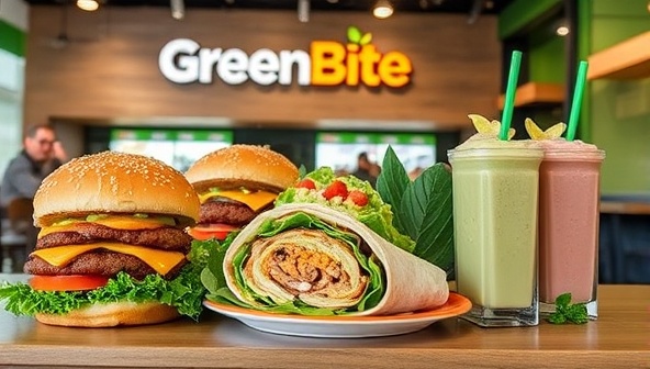 An appealing image of GreenBite Express' plant-based fast food offerings, featuring colorful and appetizing vegan burgers, wraps, salads, and smoothies displayed in a modern and inviting fast-casual dining setting, conveying the freshness and variety of the plant-based menu options available at the franchise.