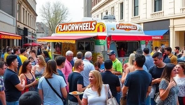 A vibrant and bustling street scene with the FlavorWheels food truck parked amidst a crowd of customers enjoying gourmet street food, showcasing colorful dishes and a lively, inviting atmosphere.