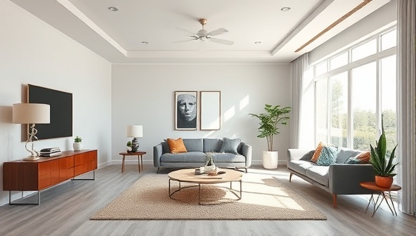 An eye-catching digital rendering of a vacant room transformed into a beautifully staged living space, featuring modern furniture, decor accents, and natural lighting effects, creating a visually stunning and inviting atmosphere, showcasing the virtual home staging service's capabilities.