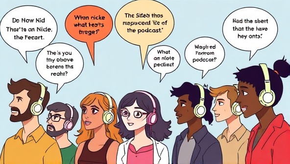 An illustration of a diverse group of people listening to various niche podcasts on their headphones, with thought bubbles showing their engagement and interest in the content, representing the targeted reach of PodSpot Connect's advertising network.