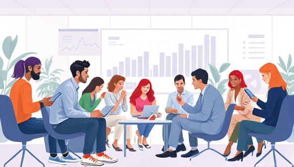 A dynamic, modern illustration of a diverse group of individuals engaging in a virtual financial course, with digital devices and interactive elements.