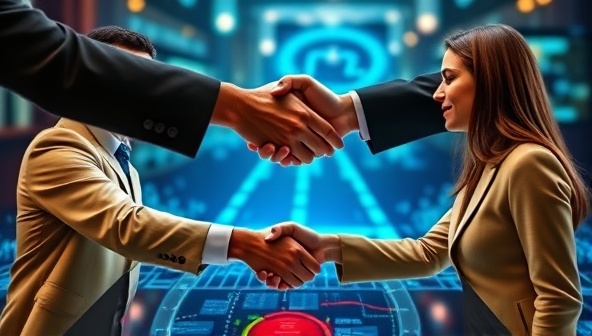 An engaging visual of small business owners and individual investors shaking hands over a digital platform, symbolizing the connection and collaboration facilitated by BizLendHub in the peer-to-peer lending space, showcasing trust and partnership.