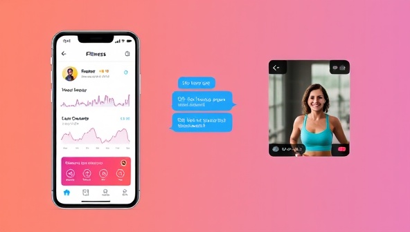 A mobile app interface displaying a user tracking their fitness progress, chatting with their virtual coach, and watching a live workout session, conveying convenience and motivation in one platform.