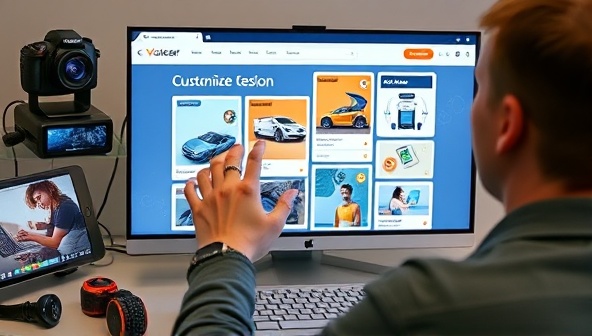 An individual using voice commands to customize a website layout on a digital screen, surrounded by innovative tech gadgets and interactive design elements, showcasing the hands-free and inclusive nature of VoiceWeb Creator in web design, empowering users to create websites through voice interaction in a visually engaging manner.
