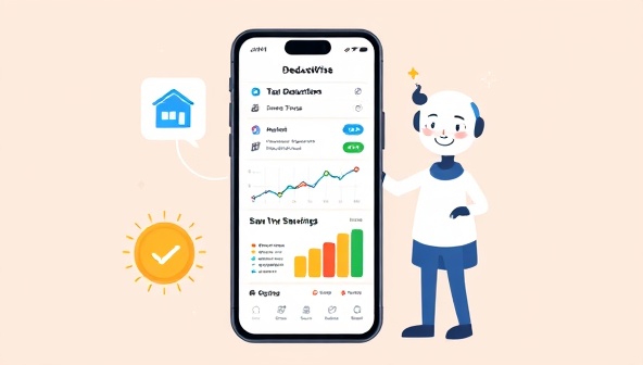 An illustration of a smartphone screen displaying the DeduceWise App interface, with colorful graphs and charts showing potential tax deductions and savings, accompanied by a cheerful AI assistant guiding the user through the process, symbolizing smart tax optimization.
