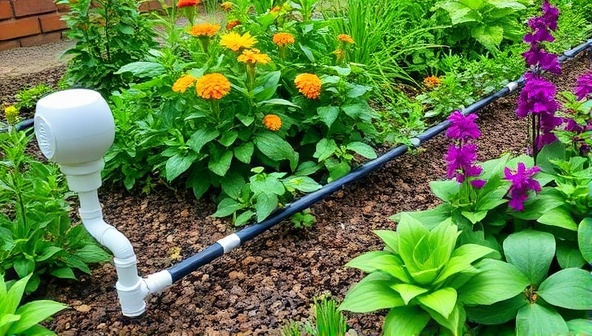A lush garden with a smart irrigation system in action, showcasing sensors, drip lines, and efficient watering techniques, with vibrant plants thriving in a sustainable and water-conscious landscape setting.