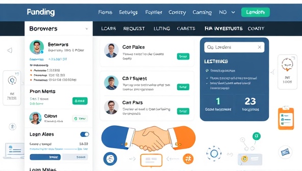 A peer-to-peer lending platform interface showcasing user profiles of borrowers and lenders, loan request listings, and investment opportunities, surrounded by icons of financial transactions and handshake symbols, symbolizing trust and collaboration in the lending network.