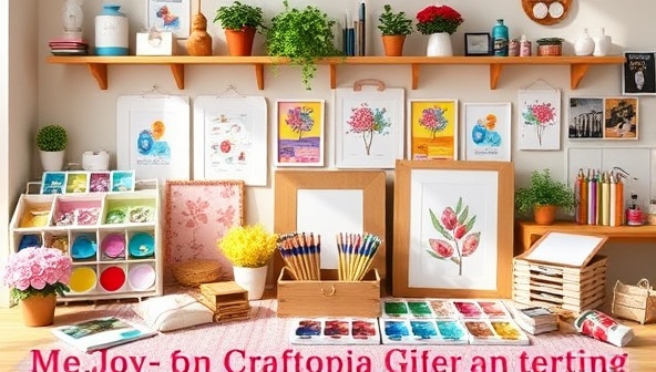 A delightful image of Craftopia Kits showcasing a collection of colorful craft projects, artistic supplies, and finished DIY creations in a cozy home setting, sparking creativity and inspiration for crafters of all skill levels, emphasizing the joy of hands-on crafting experiences.
