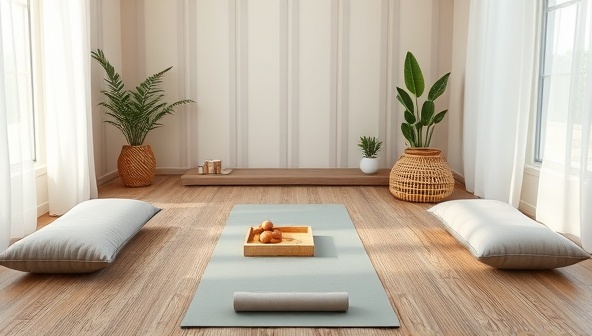 A serene virtual retreat setting with a yoga mat, meditation cushions, healthy snacks, and calming decor, creating a peaceful and inviting space for wellness activities and relaxation.