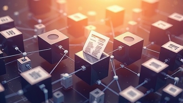 An artistic illustration of interconnected blockchain blocks forming a secure and transparent network, with accounting documents flowing through the blocks, symbolizing trust and verification in financial transactions.