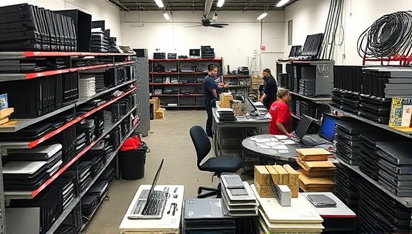 A bustling tech recycling center filled with shelves of refurbished laptops, phones, and gadgets, with technicians working on repairing devices and volunteers packaging tech donations for local schools and community centers, showcasing a blend of tech expertise and social impact.