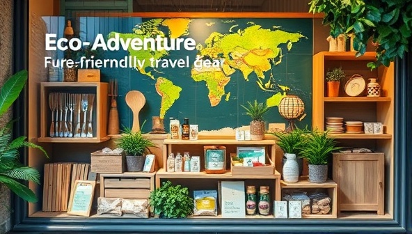 An inviting storefront display featuring a variety of eco-friendly travel gear such as bamboo utensil sets, solar-powered lanterns, and compostable toiletry kits, with a backdrop of lush greenery and a world map, evoking a sense of eco-adventure and sustainability.