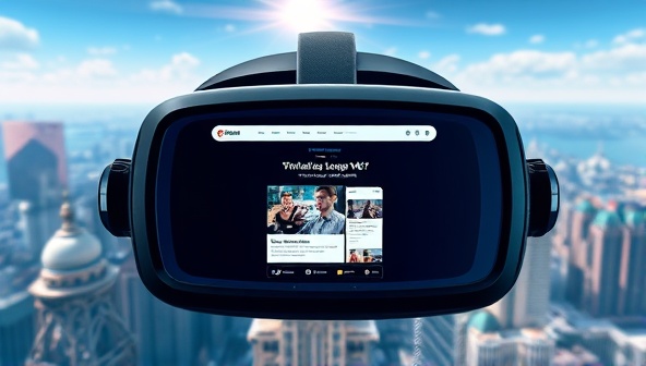 An immersive VR headset displaying a 3D representation of a website design, surrounded by a digital landscape that represents the limitless creative possibilities of VRWebShowcase.