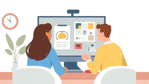 An illustration of a virtual design consultation session with a designer and a client engaging in a video call, discussing design elements on a shared screen, showcasing the personalized and interactive nature of DesignSage's consultation service.