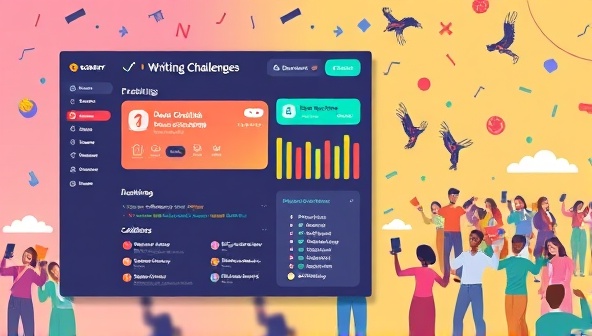 A vibrant and dynamic visual representation of the online writing challenges platform, featuring an interactive dashboard with upcoming challenge announcements, participant rankings, and a lively community forum buzzing with creative energy and collaboration.