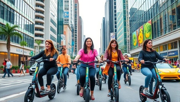 A vibrant cityscape showing a group of diverse individuals effortlessly riding electric scooters through bustling streets, highlighting the convenience and eco-friendly nature of the service.