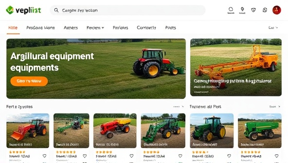 An online marketplace interface showcasing a variety of agricultural equipment available for rent, with clear images, rental rates, and user reviews, creating a seamless rental experience for farmers and agricultural workers.