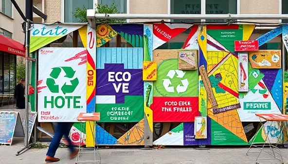 An urban street art installation made entirely of recycled materials, featuring vibrant colors and eco-friendly messages, capturing the attention of passersby and reflecting the essence of sustainable guerrilla marketing.