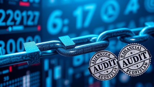 An artistic representation of interconnected blockchain blocks forming a secure chain, overlaid with financial data and audit stamps, symbolizing trust and transparency in financial audits through blockchain technology.