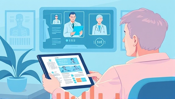 An illustration of a patient viewing medical reports on a digital device while consulting with a team of specialist physicians virtually, conveying the concept of seeking expert medical opinions online.