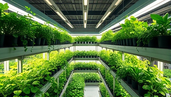 An artistic representation of a multi-level indoor farm with lush greenery growing under LED lights in a controlled environment, showcasing the futuristic and sustainable approach of vertical farming in urban spaces.