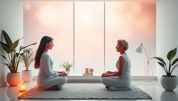 An ethereal image of a serene virtual consultation room with soothing colors, natural elements, and wellness symbols, featuring a holistic health practitioner engaging in a mindful discussion with a client, radiating calmness and harmony.