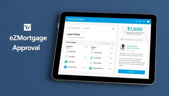 A modern and sleek mortgage application interface on a tablet screen, displaying a progress bar, loan options, and a chatbot for customer support, showcasing convenience and efficiency in the digital mortgage approval process through EZMortgage Approval.