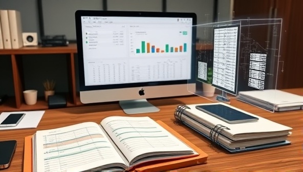 An office setup with a desk featuring a computer displaying cryptocurrency dashboards, alongside a traditional accounting ledger and a futuristic holographic representation of blockchain transactions, symbolizing the blend of traditional and modern accounting methods.