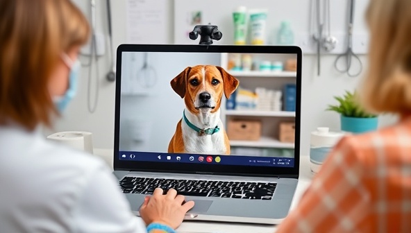An image of a virtual veterinary consultation session with a pet owner presenting their pet to the screen for examination, with medical tools and pet care products in the background, showcasing the convenience and personalized care of PetPulse Care's remote veterinary platform.