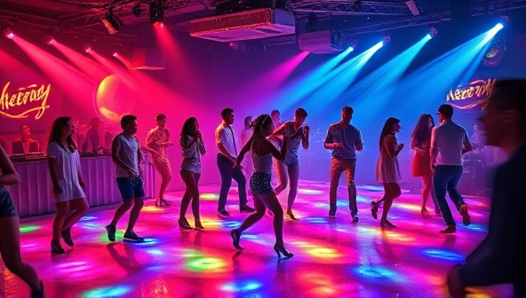 An energetic nightclub scene with people dancing on a colorful kinetic energy harvesting dance floor, lights flashing, and music pulsing, illustrating a fusion of entertainment and renewable energy generation in a vibrant setting.