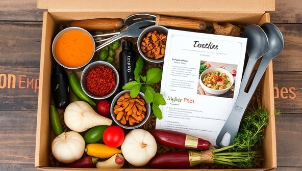 An array of exotic spices, fresh ingredients, and cooking utensils neatly arranged in a gourmet cooking box, with a recipe card for a signature dish from a featured destination, evoking the sensory experience and cultural immersion provided by TasteExplorer Food Journeys.
