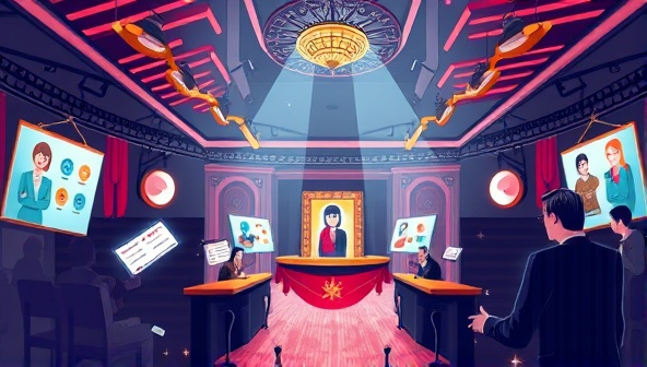 An illustration of a virtual auction house where designers present their design concepts on digital canvases, and clients engage in lively bidding wars, creating an atmosphere of excitement and creativity in the web design marketplace.