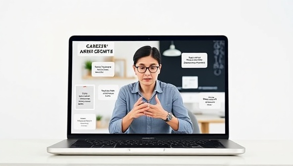 A virtual career coaching session displayed on a laptop screen, with a professional coach guiding a client through career planning strategies, surrounded by motivational quotes and career growth visuals, inspiring progress and empowerment.