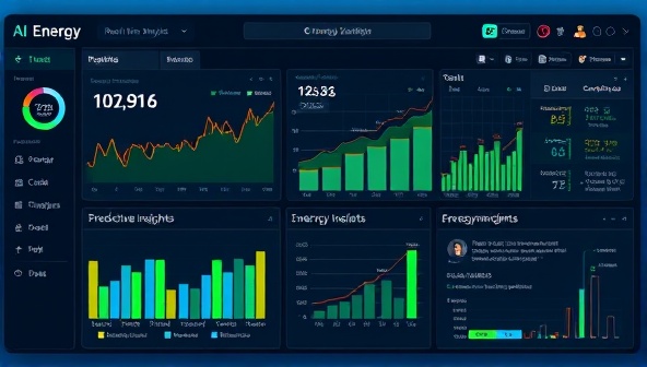 An AI-powered energy analysis platform visualization displaying real-time energy consumption data, predictive insights, and personalized recommendations for optimizing energy usage, symbolizing advanced technology and efficiency in energy management with EcoAI Insights.