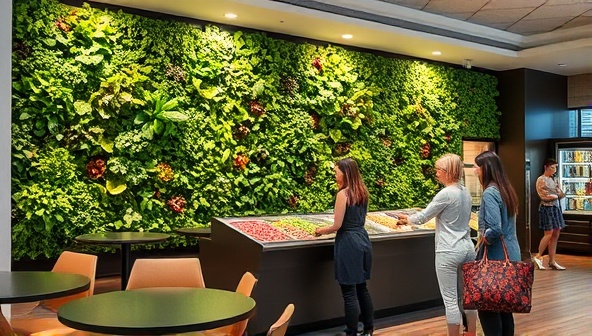 A modern and sleek indoor dining space featuring a vibrant vertical garden wall filled with lush greenery, with customers selecting colorful salad ingredients from the interactive display, capturing the essence of freshness and customization.