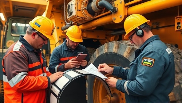 An image of a team of technicians performing maintenance checks on mining equipment, with diagnostic tools and maintenance logs visible, showcasing professionalism and attention to detail in equipment care.
