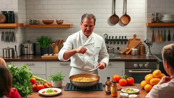 An online cooking class snapshot featuring a chef demonstrating a culinary technique, surrounded by fresh ingredients, kitchen utensils, and a virtual audience following along, creating an immersive and interactive cooking experience for subscribers to learn and explore new dishes.