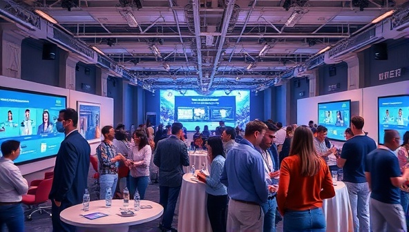 An artistic depiction of a virtual event space with interactive elements, engaging visuals, and diverse avatars interacting in a virtual networking environment, highlighting the immersive nature of virtual events managed by VirtuEvent Co.