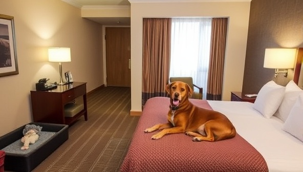 An inviting hotel room with pet-friendly amenities, including pet beds, toys, and water bowls, with a happy dog and its owner relaxing together on the cozy bed, highlighting a comfortable and inclusive travel experience for pets and their owners.